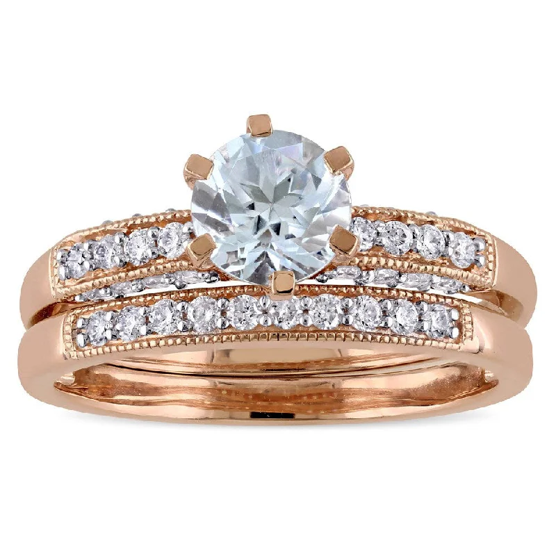 Women’s halo engagement ring-Miadora Signature Collection 10k Rose Gold 1/3ct TDW Diamond and Aquamarine Bridal Ring Set (G-H, I2