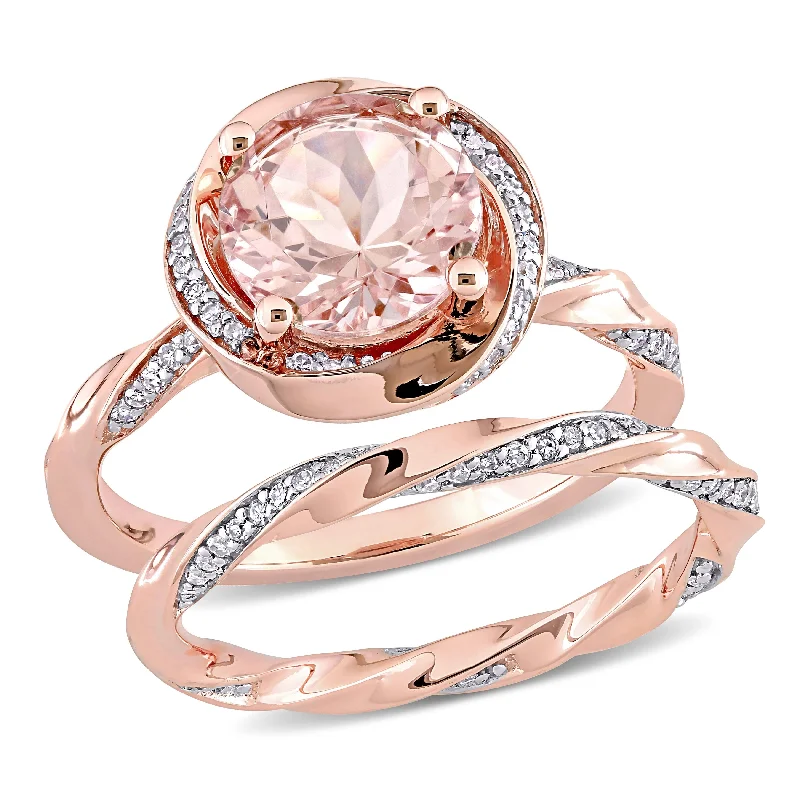 Women’s handcrafted ring-Miadora 10k Rose Gold Morganite and 3/8ct TDW Diamond Halo Swirl Bridal Ring Set