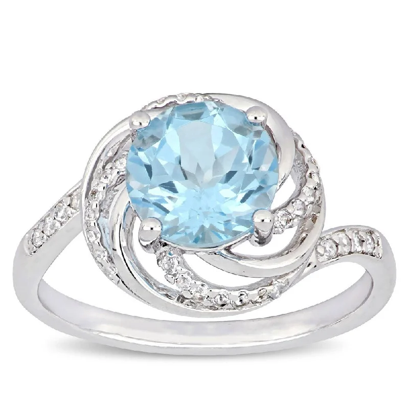 Women’s vintage wedding ring-Miadora Sterling Silver Sky-Blue Topaz White Topaz & Diamond Swirl Halo Ring