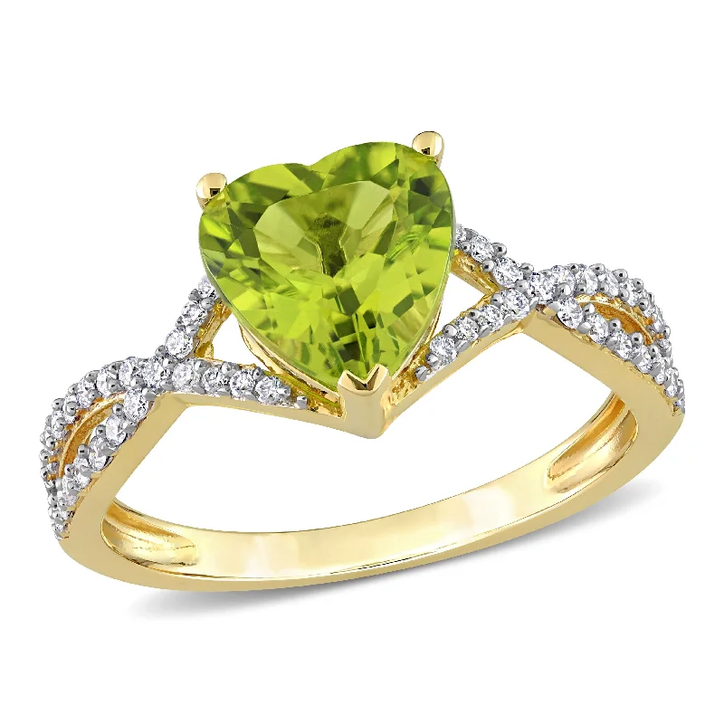 Women’s leaf design ring-Miadora 1 5/8ct TGW Heart Peridot and 1/5ct TDW Diamond Infinity Ring in 14k Yellow Gold