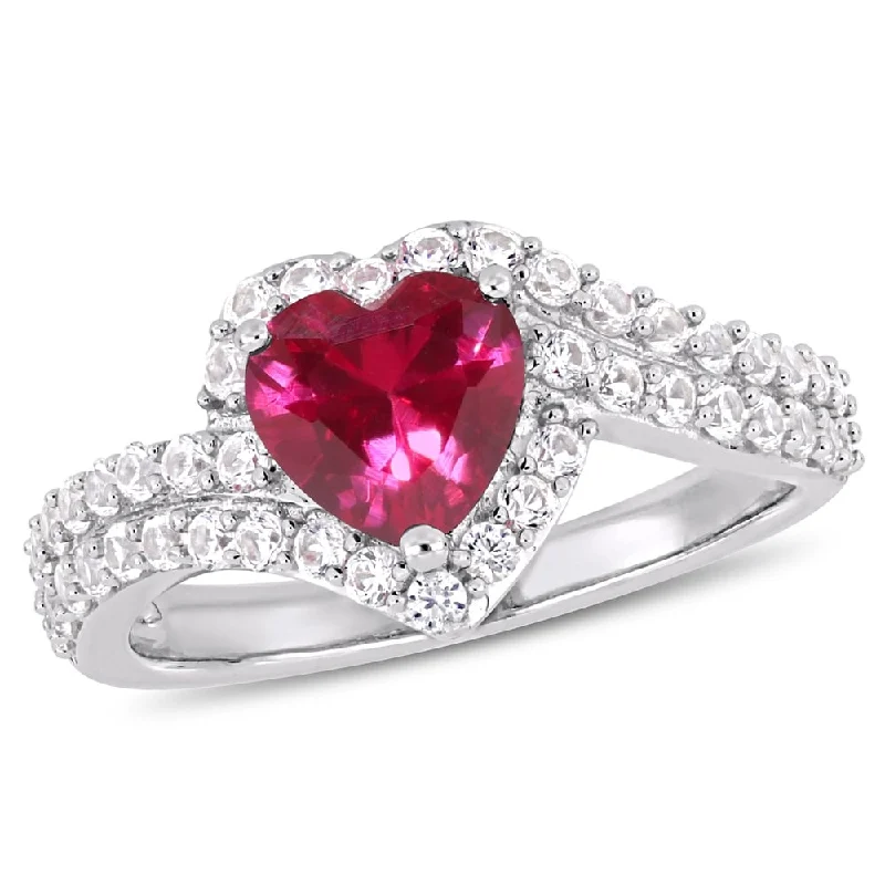 Women’s fancy gemstone ring-Miadora Sterling Silver Created Ruby and Created White Sapphire Heart Halo Ring