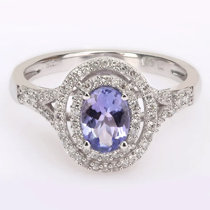 Women’s yellow gold ring-Miadora 10k White Gold Tanzanite and 1/4ct TDW Diamond Double Halo Split Shank Ring