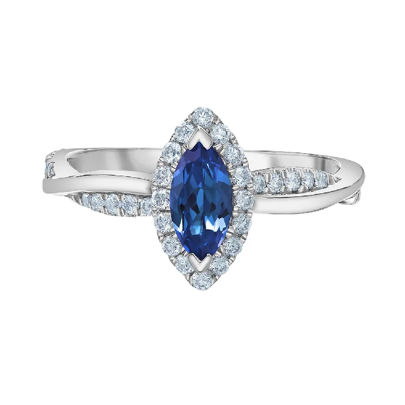 Women’s art deco engagement ring-14kt White Gold Marquise Lab-Grown Sapphire And Diamond Ring