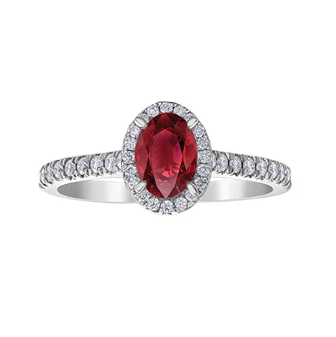 Women’s gold-plated engagement ring-10kt White Gold Oval Ruby And Diamond Halo Ring