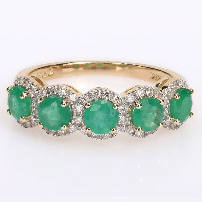 Women’s fashion statement ring-Miadora Emerald and 1/5ct TDW Diamond 5-Stone Halo Semi-Eternity Band Ring in 14k Yellow Gold