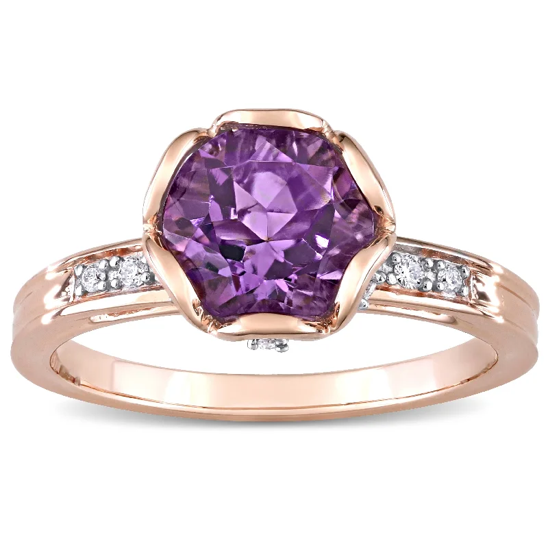 Women’s oval diamond ring-Miadora 14k Rose Gold Amethyst and 1/8ct TDW Diamond Solitaire Floral Ring