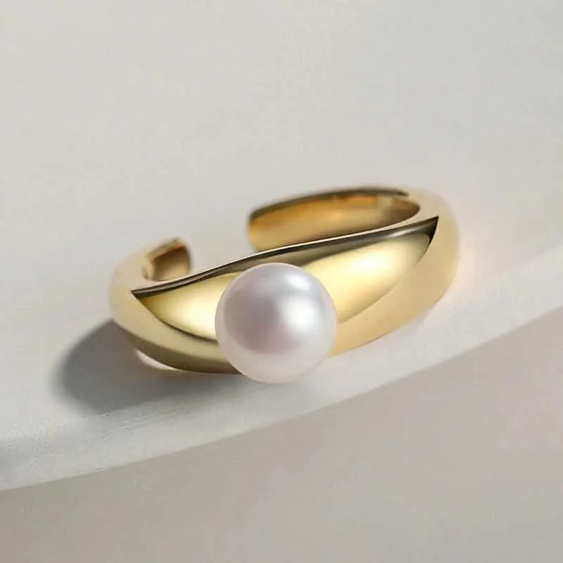 Women’s simple wedding band-Freshwater Pearl Open Ring-Sterling Silver 18k Gold Plated