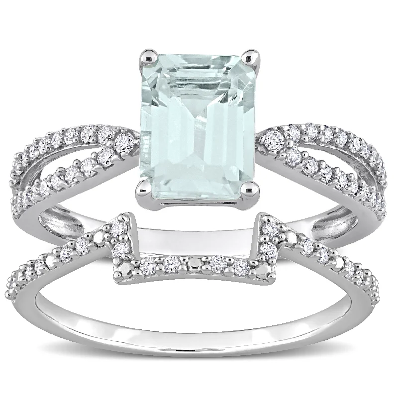 Women’s halo diamond ring-Miadora Octagon-cut Aquamarine and 1/3ct TDW Diamond Split Shank Bridal Ring Set in 14k White Gold