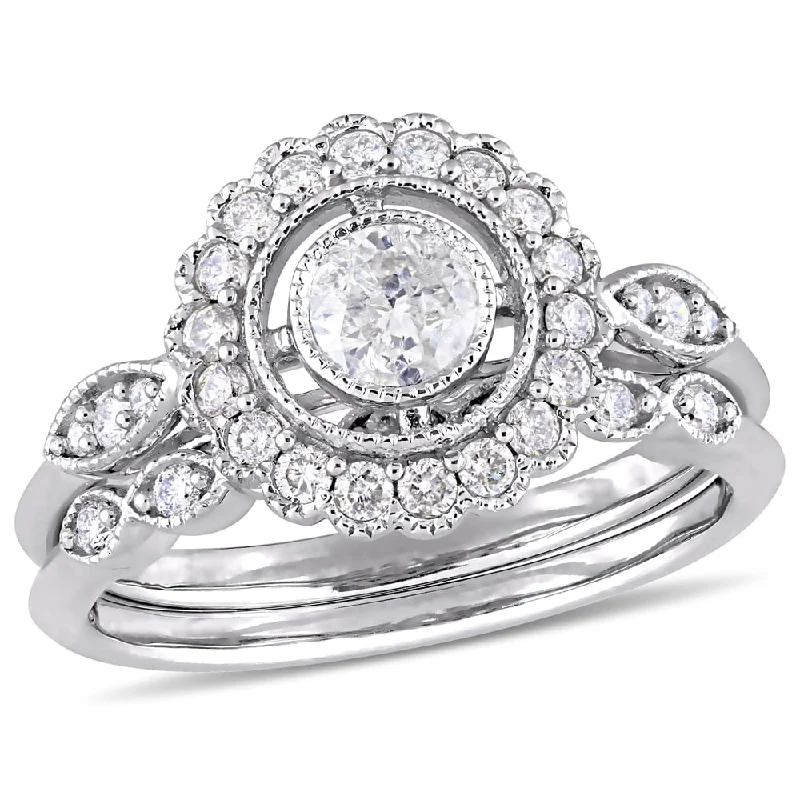 Women’s oval diamond ring-Miadora 10k White Gold 3/4ct TDW Diamond Halo Floral Bridal Ring Set