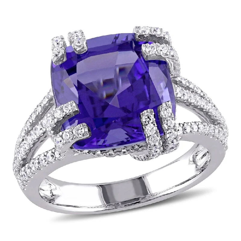 Women’s heart-shaped ring-Miadora 14k White Gold Cushion-Cut Tanzanite and 3/4ct TDW Diamond Crossover Ring - Blue