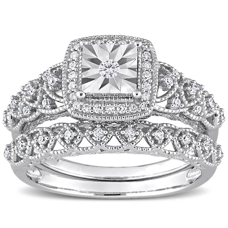 Women’s anniversary ring-Miadora 1/3ct TDW Diamond Cushion Halo Bridal Ring Set in Sterling Silver