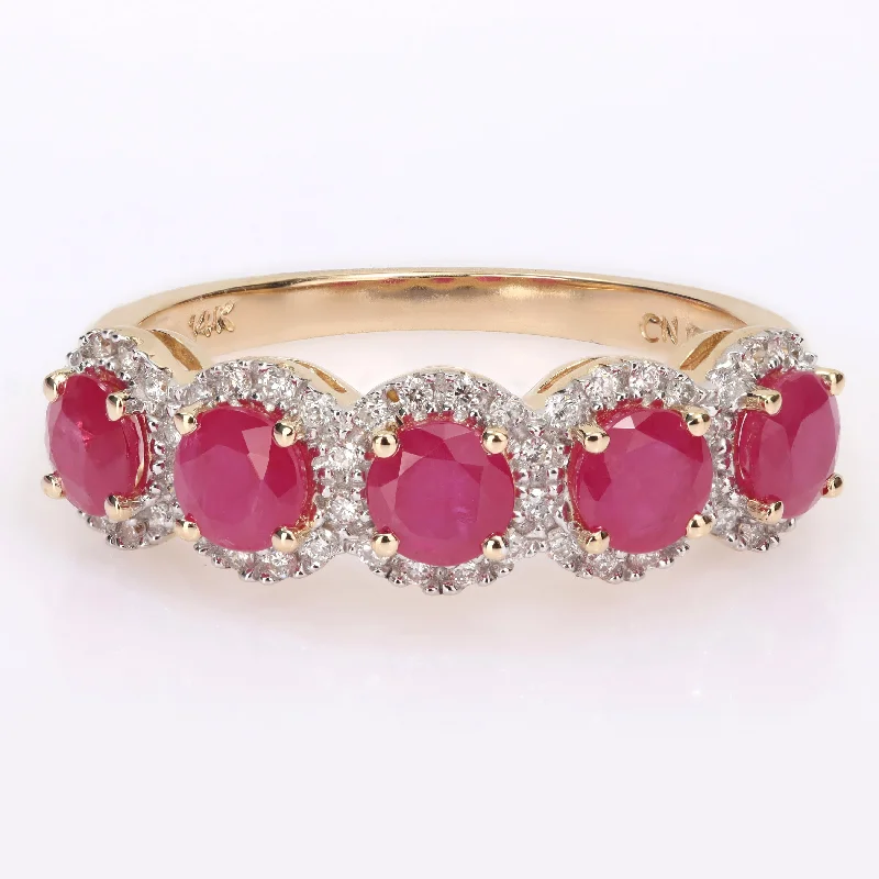 Women’s designer ring-Miadora Ruby and 1/5ct TDW Diamond 5-Stone Halo Semi-Eternity Band Ring in 14k Yellow Gold