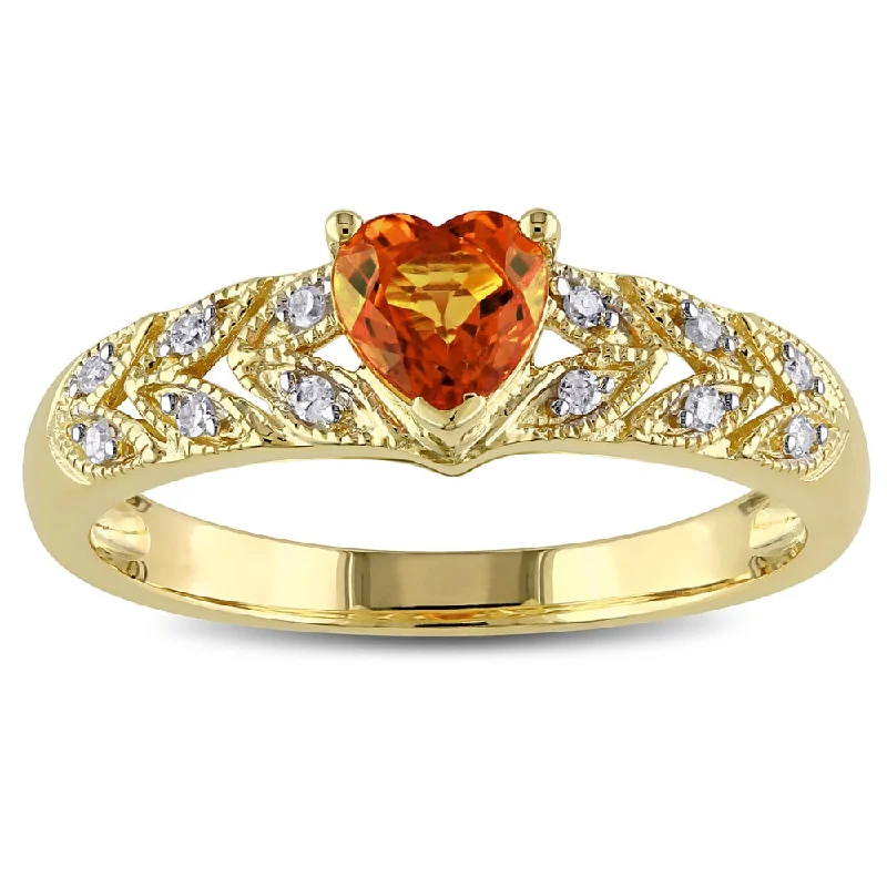 Women’s elegant engagement ring-Miadora 10k Yellow Gold Orange Sapphire and Diamond Accent Heart Ring