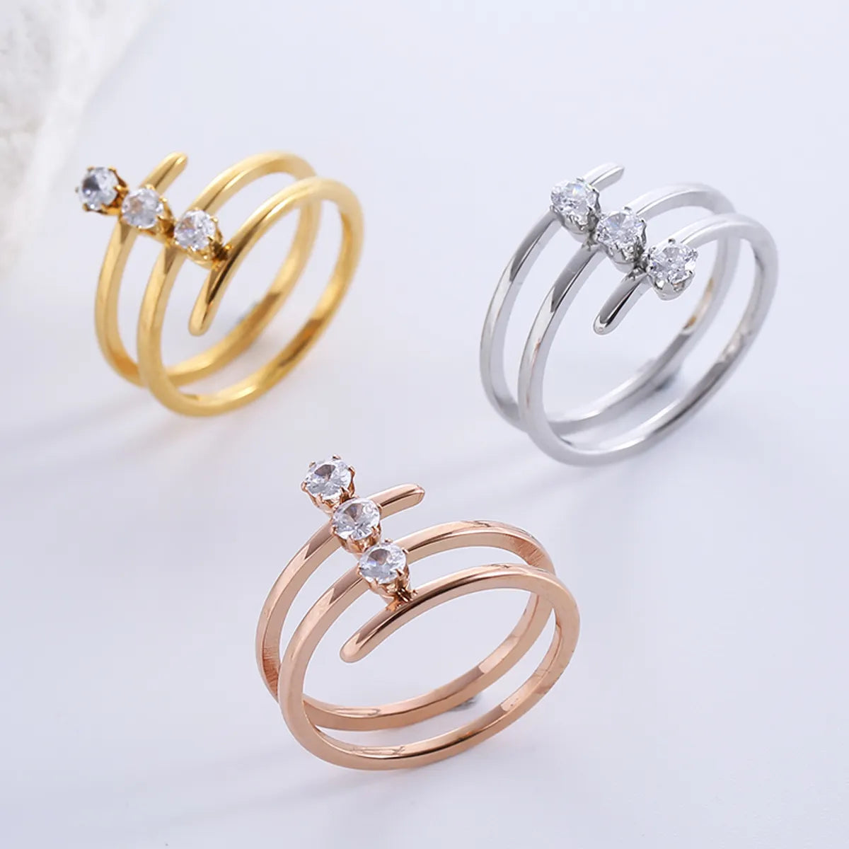 Women’s split band ring-Casual Formal Lines Stainless Steel Inlay Zircon 18k Gold Plated Rings