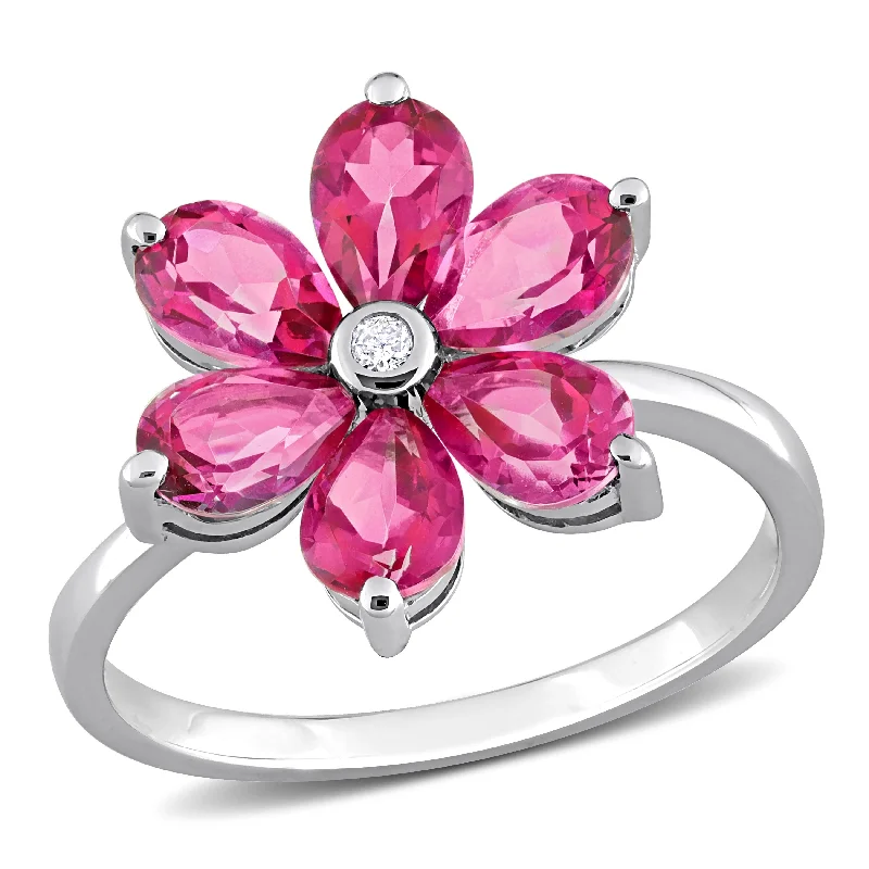 Women’s round diamond ring-Miadora 2 4/5ct TGW Pear Shape Pink Topaz and Diamond Accent Floral Ring in 10k White Gold