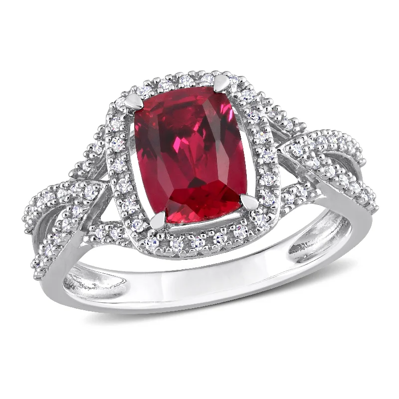 Women’s engagement ring-Miadora 2 1/5ct TGW Created Ruby and 1/10ct TDW Diamond Split-Shank Ring in 10k White Gold