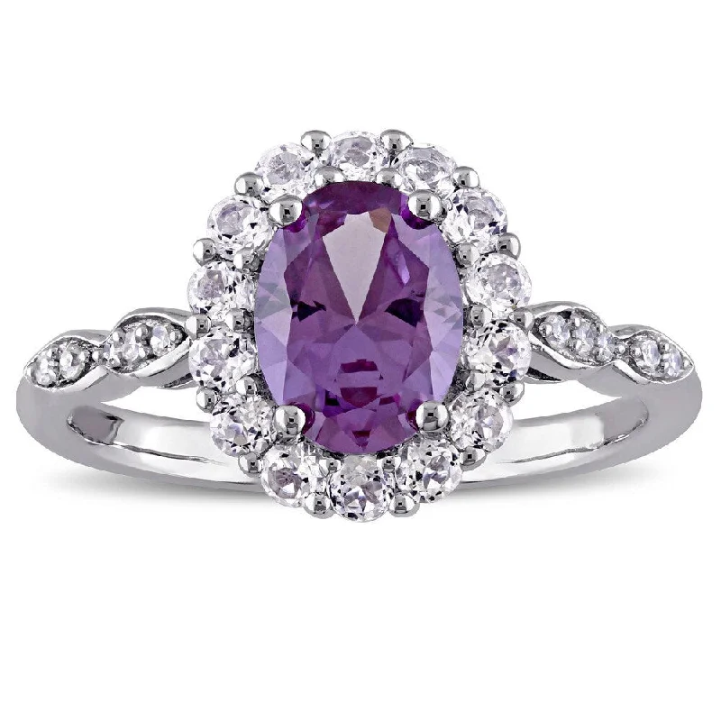 Women’s three-stone ring-Miadora 14k White Gold Created Alexandrite White Topaz and Diamond Accent Vintage Halo Ring - Purple