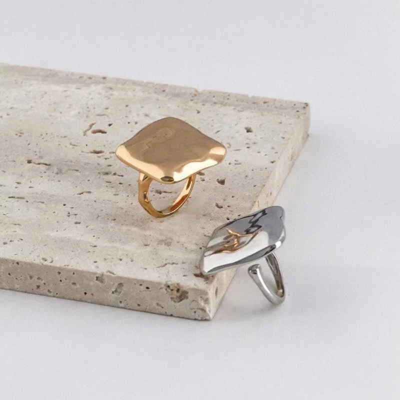 Women’s yellow gold ring-Square Big Sterling Silver Ring- 18k Gold Plated