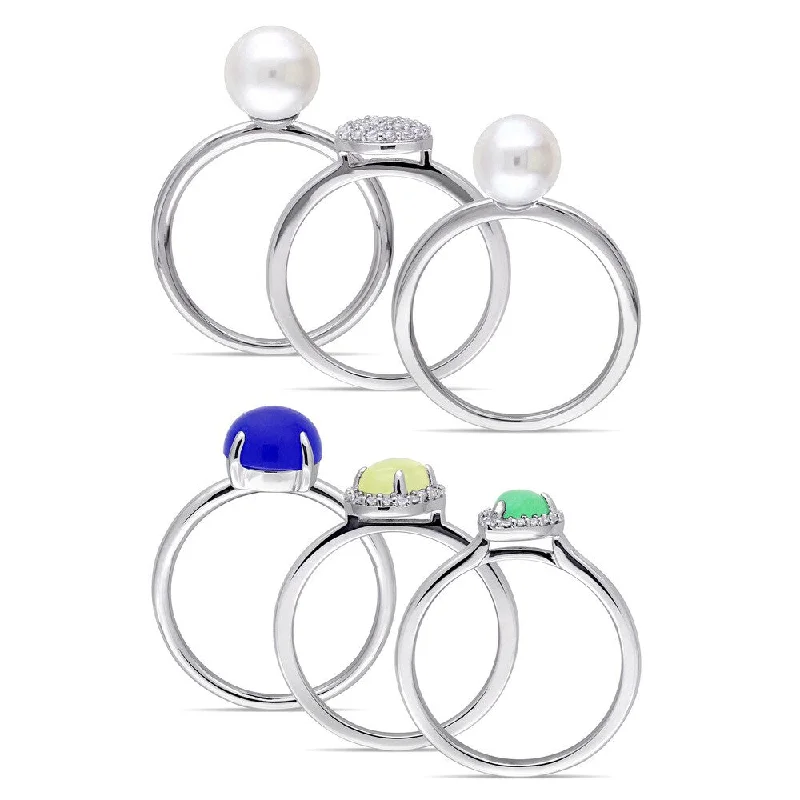 Women’s statement solitaire ring-Miadora Sterling Silver Blue Yellow Dyed Green Quartz and White Topaz Pearl Six Piece Stacked Ring Set