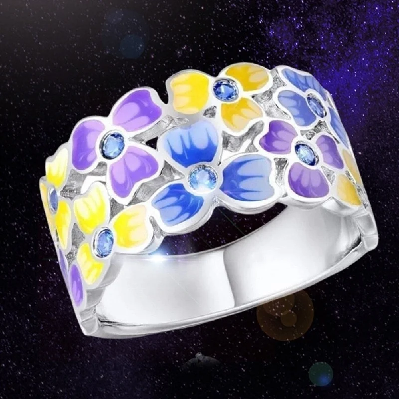 Women’s wedding band-Women Rhinestone Inlaid Flower Finger Ring Fashion Enamel Party Jewelry Gift