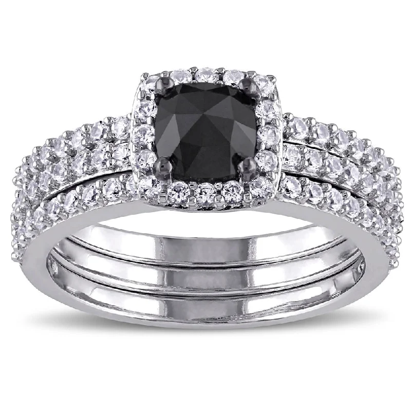 Women’s gemstone stackable ring-Miadora 10k White Gold 3/4ct TDW Black Diamond and Created White Sapphire Bridal Ring Set