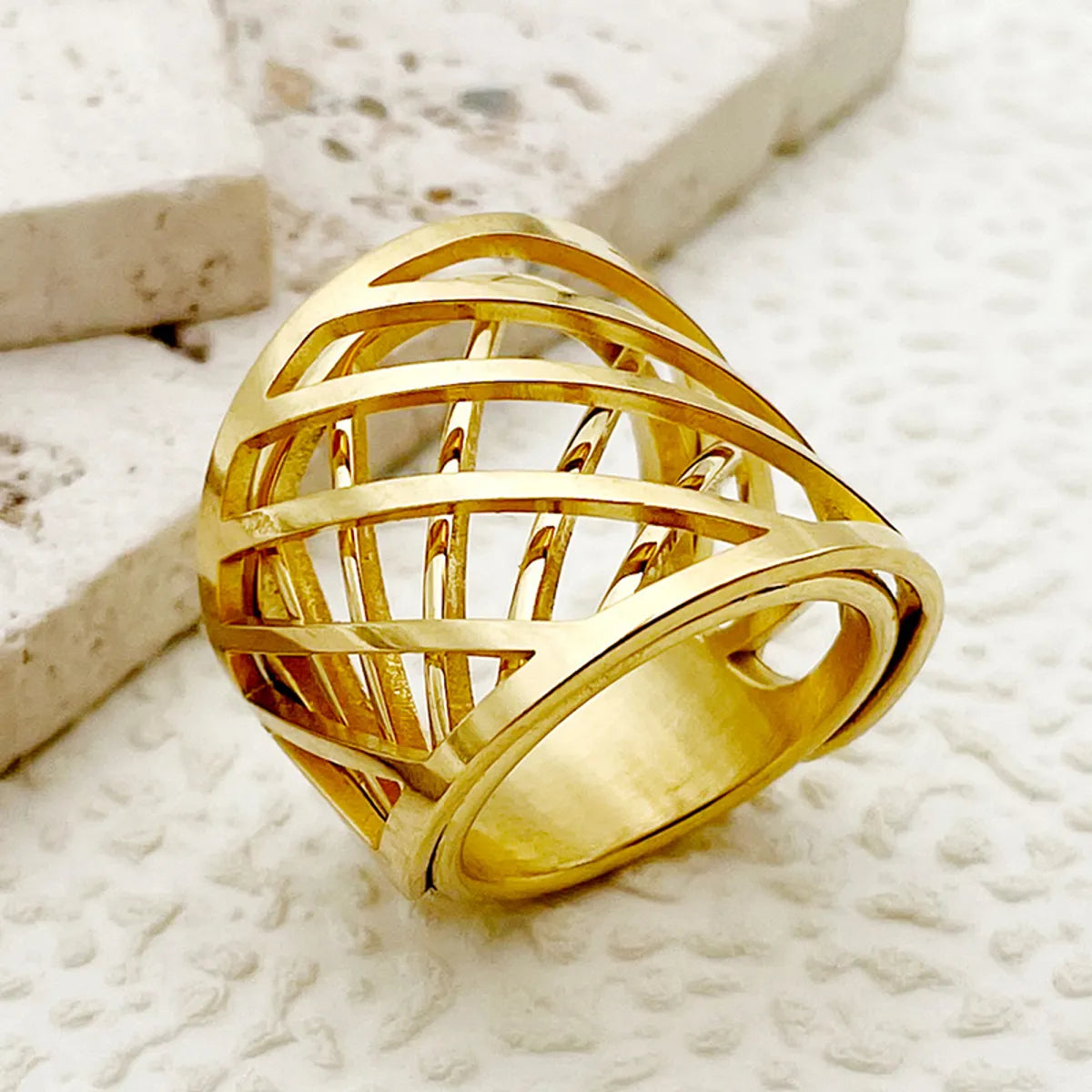 Women’s cluster diamond ring-Casual Simple Style Roman Style Grid Stainless Steel Plating Hollow Out Gold Plated Rings