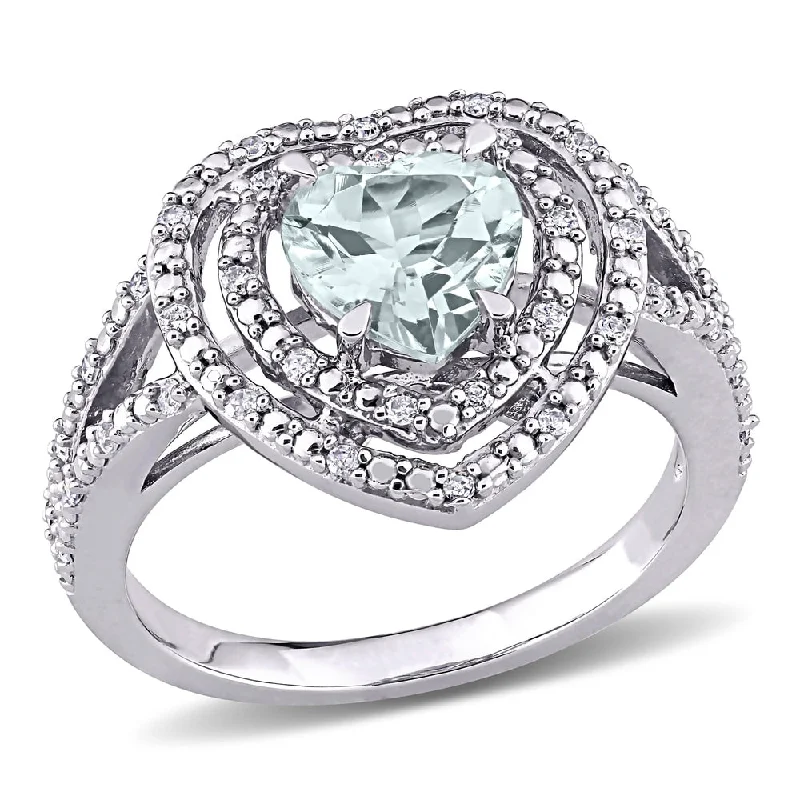 Women’s gold-plated ring-Miadora 10k White Gold Aquamarine and 1/5ct TDW Diamond Double Halo Heart Split Shank Ring