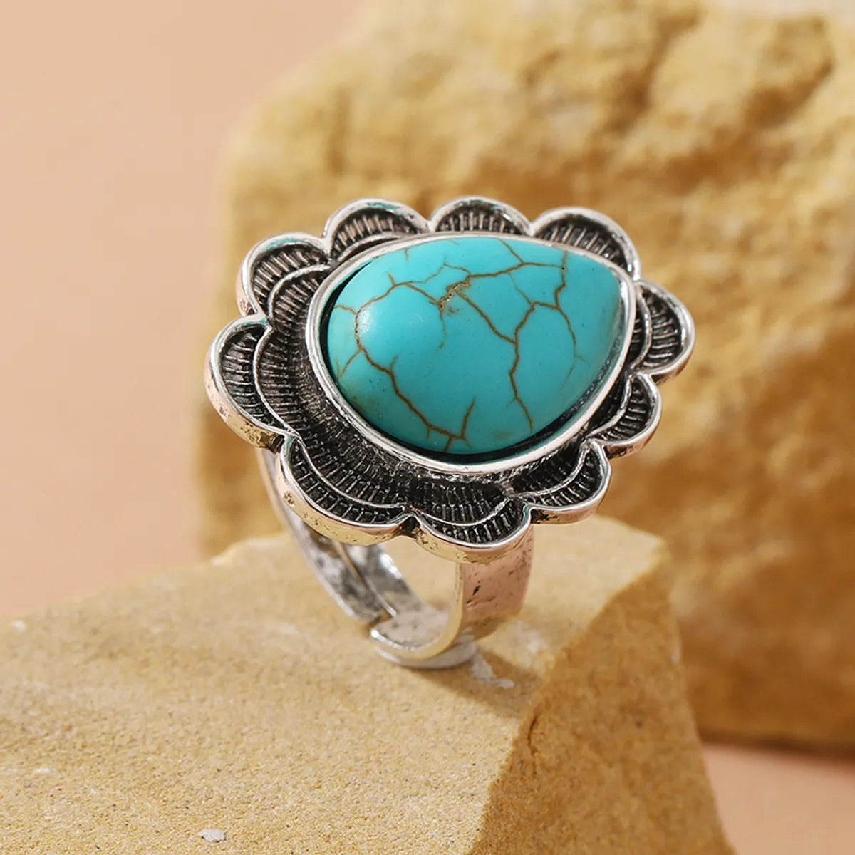 Women’s art deco engagement ring-Classical Ethnic Style Water Droplets Alloy Inlay Turquoise Women's Open Ring