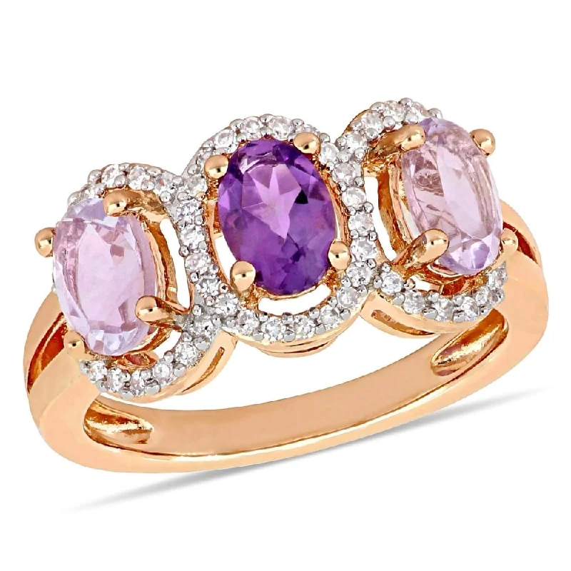 Women’s stackable ring-Miadora Rose Plated Sterling Silver Amethyst Rose de France with 1/5ct TDW Diamond 3-Stone Halo Ring