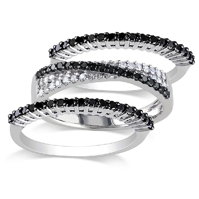 Women’s black diamond ring-Miadora Sterling Silver 5/8ct TDW Black and White Diamond 3-piece Anniversary Stackable Ring Set