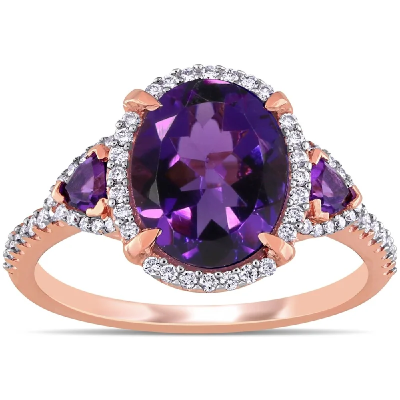 Women’s wedding set ring-Miadora 14k Rose Gold African-Amethyst and 1/4ct TDW Diamond 3-Stone Halo Ring