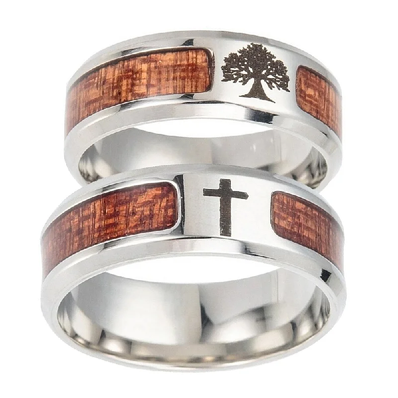 Women’s stackable ring-Unisex Wood Inlaid Stainless Steel Tree Of Life Cross Finger Ring Jewelry Gift