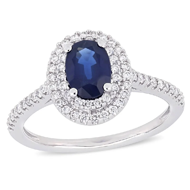 Women’s zodiac ring-Miadora 14k White Gold Blue Sapphire and 1/3ct TDW Diamond Double Halo Ring