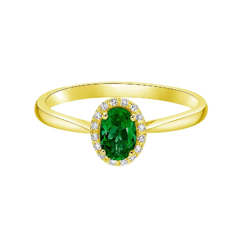 Women’s oval diamond ring-10kt Yellow Gold Emerald and Oval Halo Diamond Ring