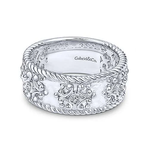 Women’s sterling silver wedding band-Sterling Silver Wide Band Ring with Twisted Rope and Diamond Accents