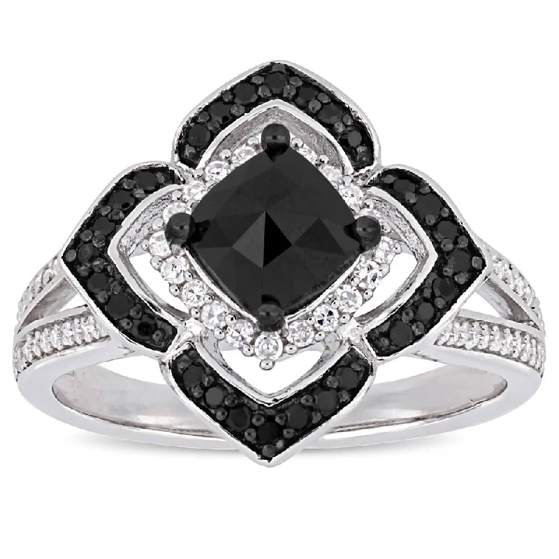 Women’s three-stone ring-Miadora Signature Collection Sterling Silver 1 2/5ct TDW Black and White Diamond Floral Halo Split Shank Ring