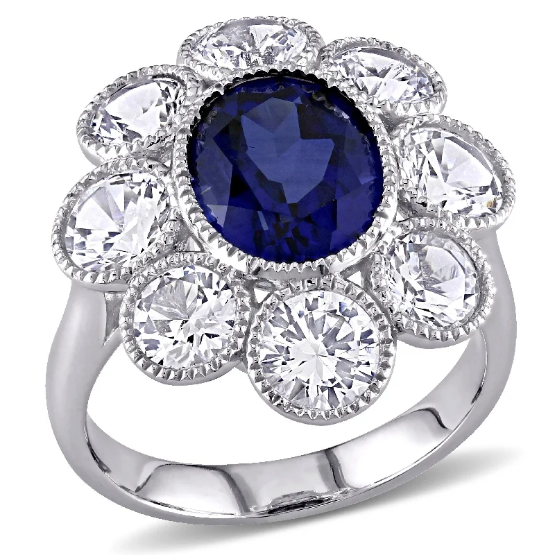 Women’s stacked gold rings-Miadora 10k White Gold Created Blue and White Sapphire Flower Cocktail Ring