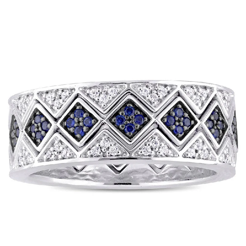 Women’s men’s style ring-Miadora Sterling Silver with Black Rhodium Created Blue and White Sapphire Geometric Stackable Ring