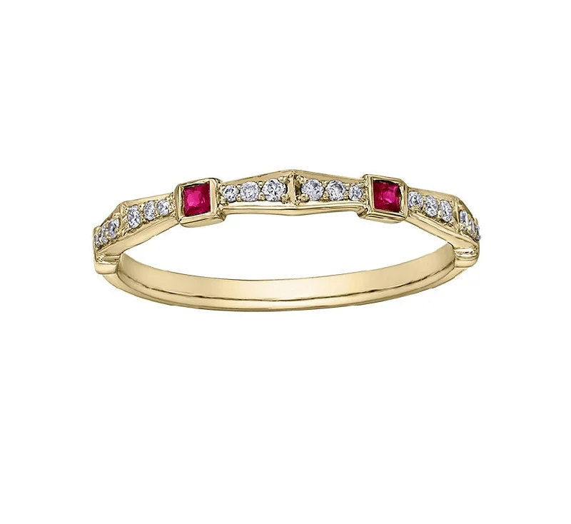 Women’s anniversary diamond ring-10kt Yellow Gold Ruby And Diamond Stackable Ring