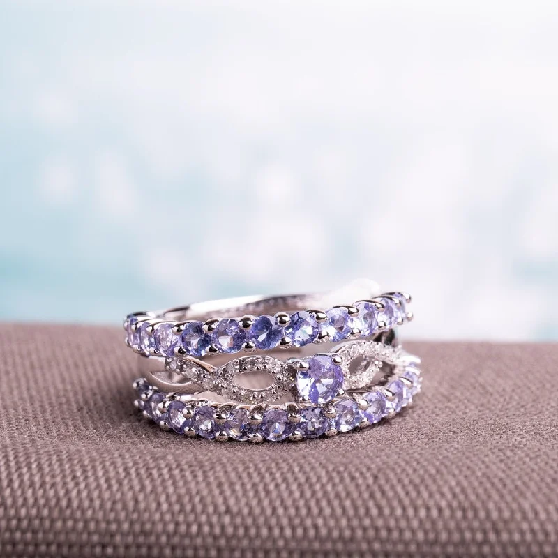 Women’s cluster ring-Miadora Sterling Silver Tanzanite and 1/10ct TDW Diamond 3-piece Stackable Ring Set (G-H, I2-I3)