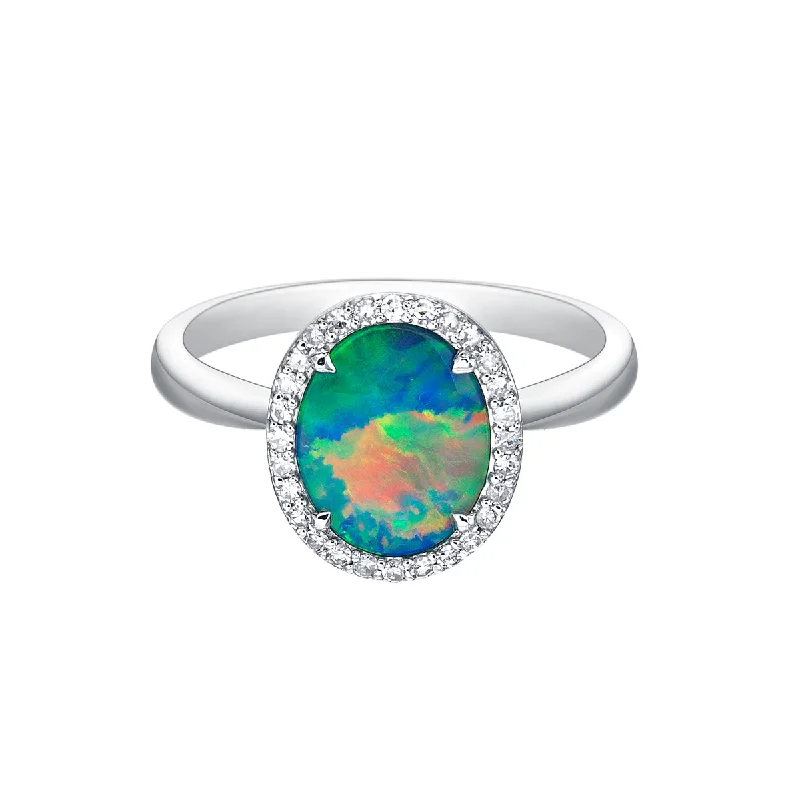 Women’s cocktail ring-10kt White Gold Australian Oval Diamond Halo Opal Ring