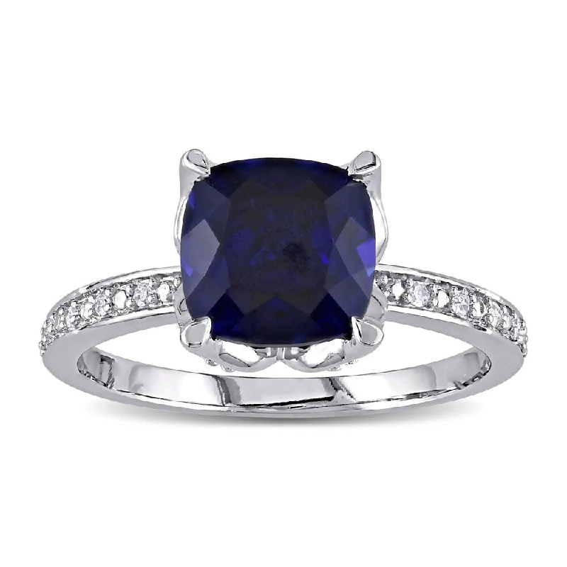 Women’s gemstone solitaire ring-Miadora 10k White Gold Cushion-Cut Created Blue Sapphire and Diamond Ring