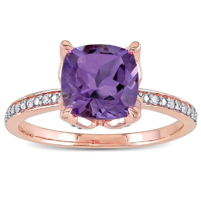 Women’s handcrafted ring-Miadora 10k Rose Gold Cushion-Cut Amethyst and Diamond Ring