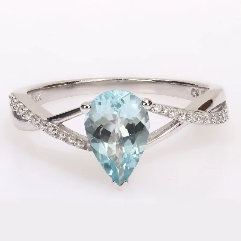 Women’s promise ring-Miadora Pear-Cut Aquamarine & 1/10ct TDW Diamond Crossover Teardrop Cocktail Ring in 14k White Gold