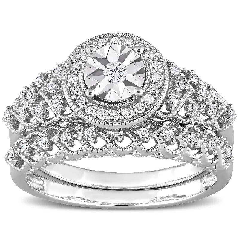 Women’s fashion statement ring-Miadora 1/3ct TDW Diamond Halo Bridal Ring Set in Sterling Silver