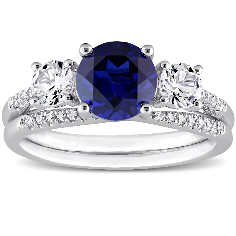 Women’s moonstone ring-Miadora 10k White Gold Created Blue White Sapphire & 1/10ct TDW Diamond 3-Stone Bridal Ring Set