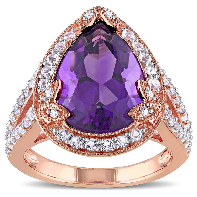 Women’s engagement ring-Miadora Rose Plated Silver Amethyst and White Topaz and Diamond Accent Halo Cocktail Ring - Purple