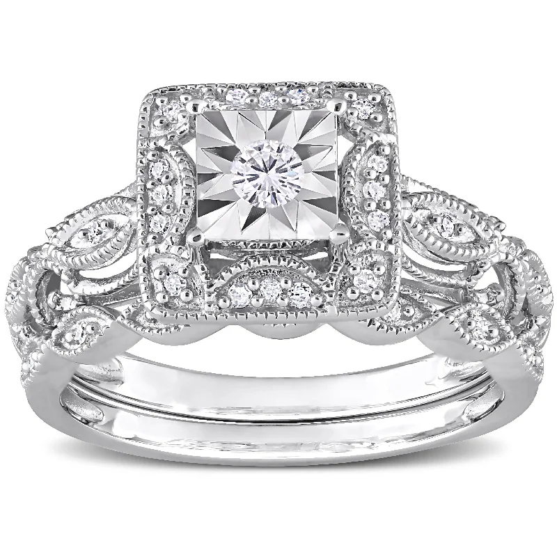 Women’s ring with diamonds-Miadora 1/5ct TDW Diamond Cushion Halo Bridal Ring Set in Sterling Silver