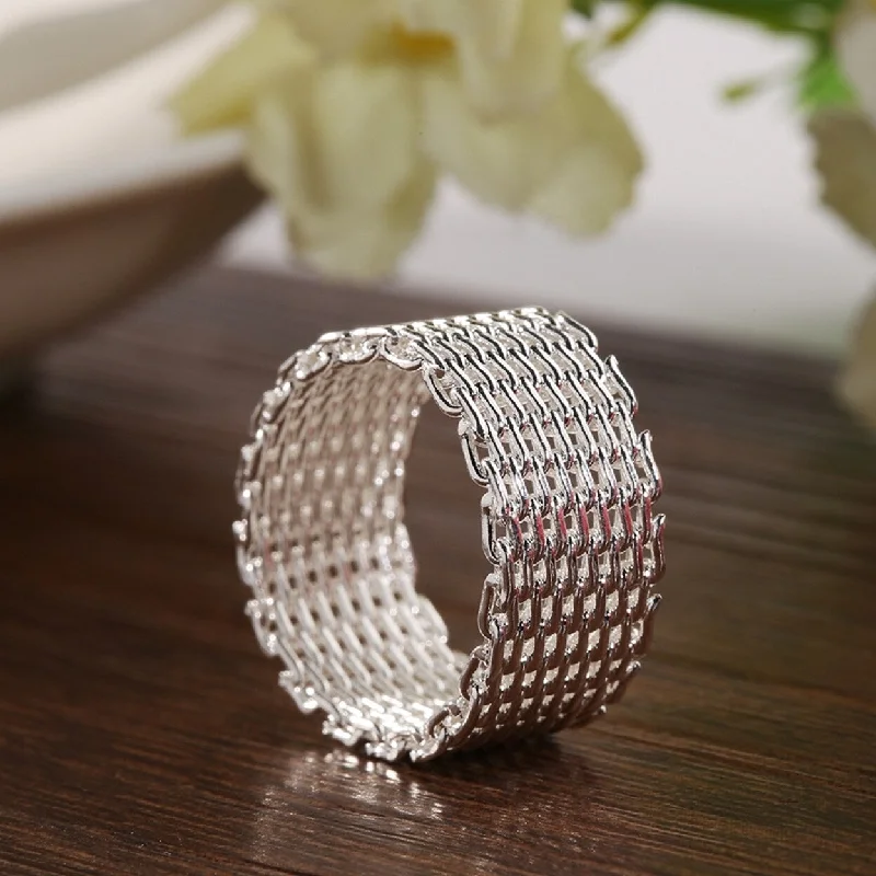 Women’s emerald cut ring-Women Wide Net Woven Mesh Style Finger Ring Silver Plated Jewelry Charms Gift