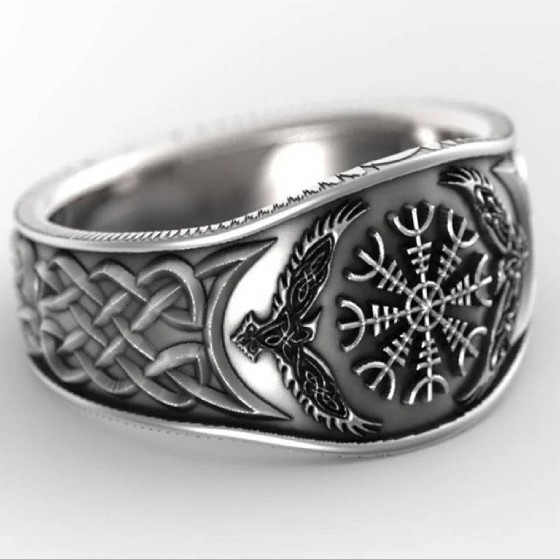 Women’s stackable ring-Wide Silver Color Men Ring Alloy Eagle Compass Carved Finger Ring Jewelry Accessaries